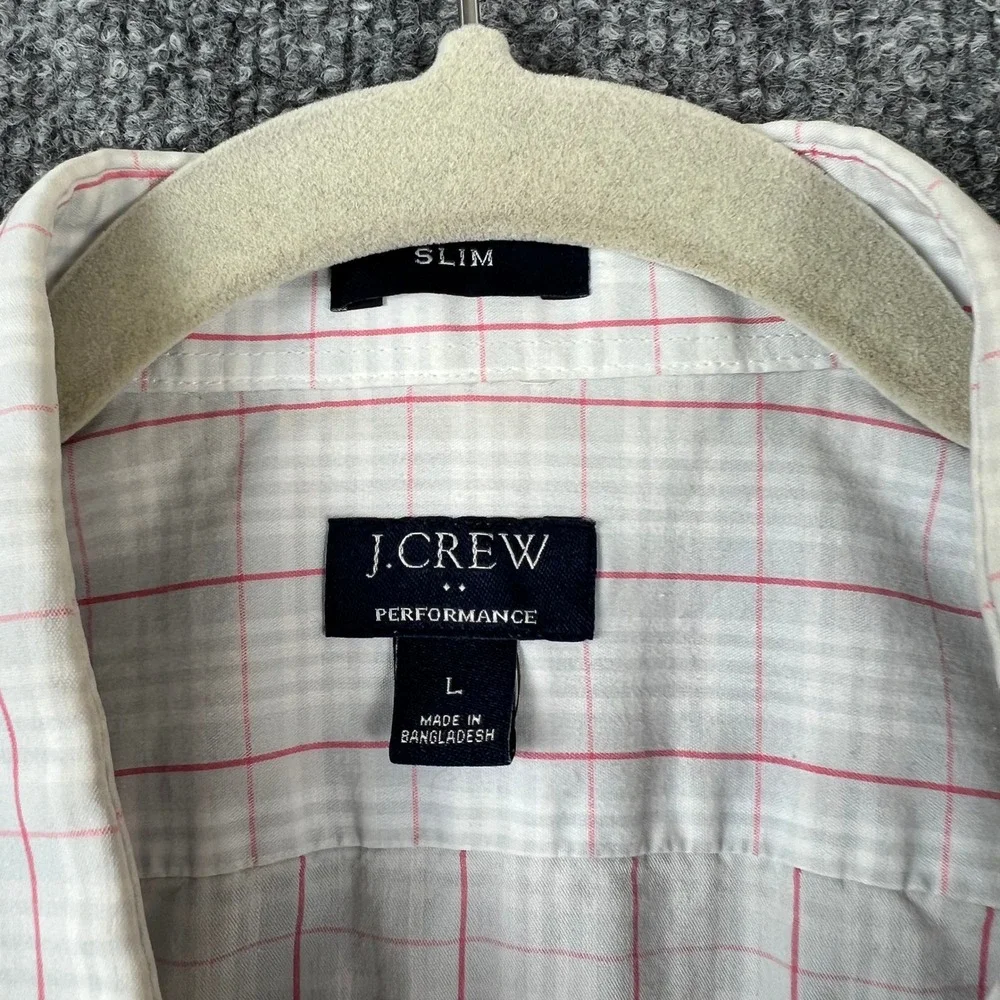 J.Crew Mens Performance Slim Fit Shirt Large White Pink Plaid Long Sleeve Button